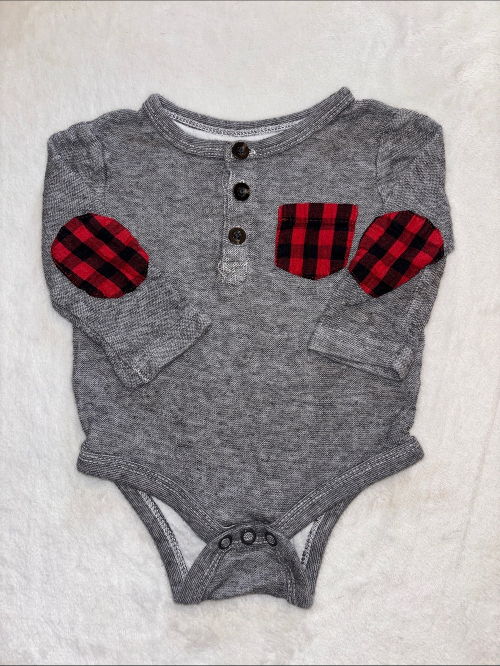 (3 for $10) Joe fresh Gray Baby One-Piece Bodysuit with Red Plaid Accents 3-6